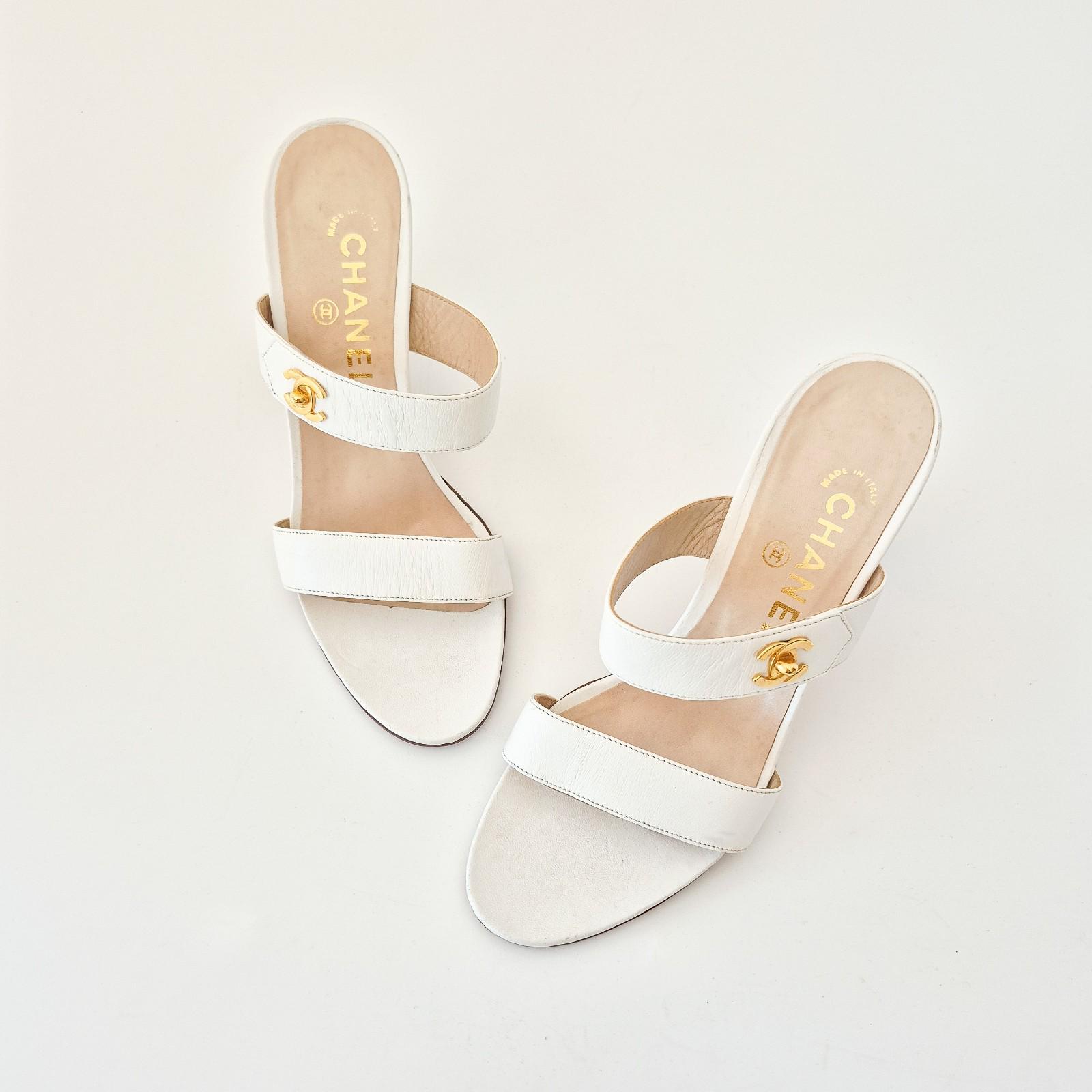 Chanel Vintage 1990s CC Turnlock Mule Sandal Heels White Leather