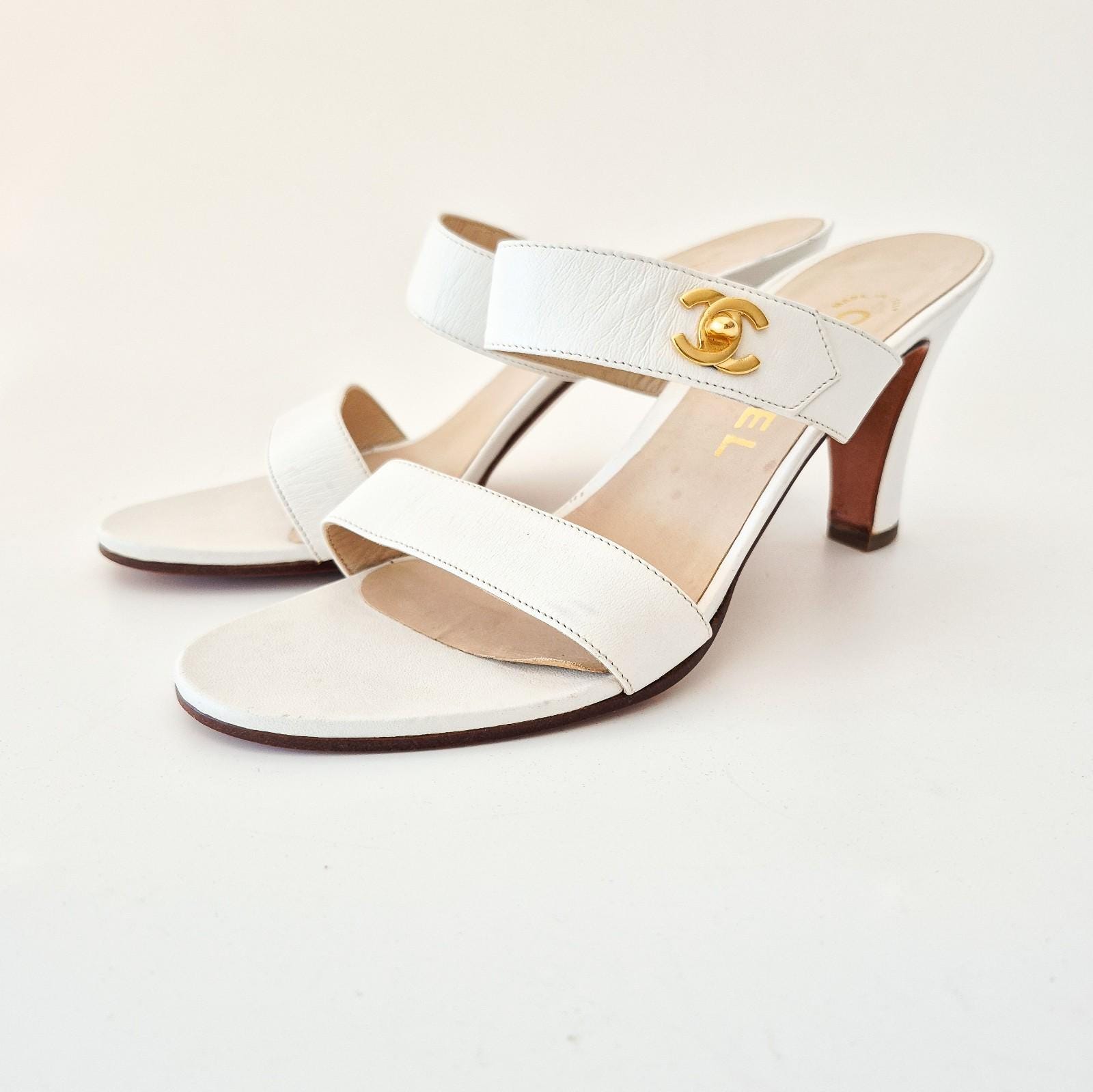 Chanel Vintage 1990s CC Turnlock Mule Sandal Heels White Leather