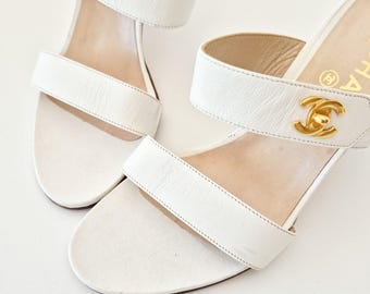 Chanel Vintage 1990s CC Turnlock Mule Sandal Heels White Leather