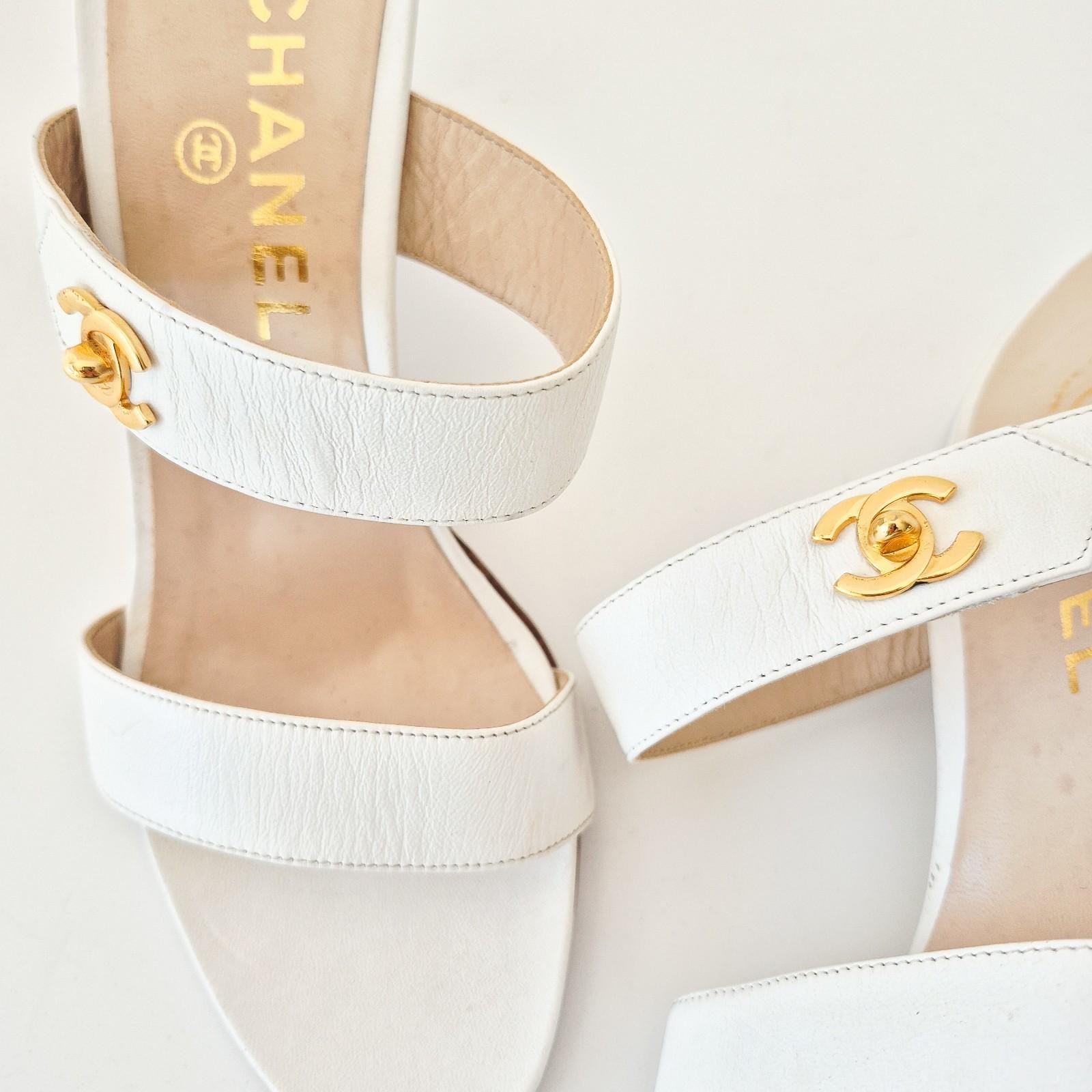 Chanel Vintage 1990s CC Turnlock Mule Sandal Heels White Leather