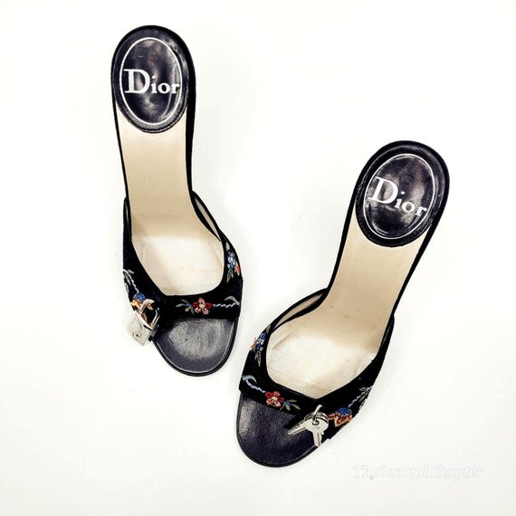 DIOR Vintage 2000s Galliano Lock Key Mule Sandal Heels 37 Black Suede Embroidery