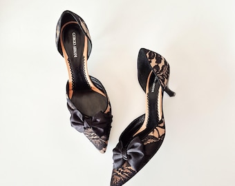 Escarpins GIORGIO ARMANI vintage noir avec nœud et talons pointus en dentelle (UE 37)