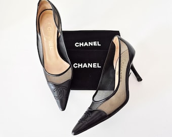 Escarpins CHANEL, talons pointus, logo CC, cuir noir, vintage des années 2000 (UE 36C)