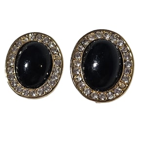 Vintage Black Stone Rhinestones Gold Tone Clip On Earrings Retro 50s 60s Jewelry