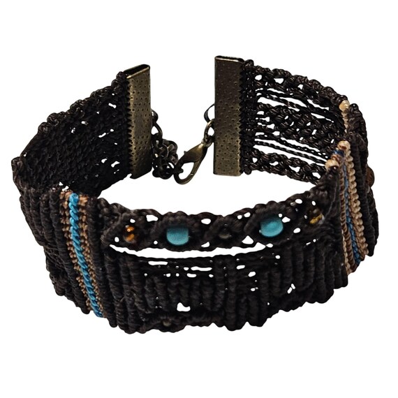 Handwoven Adjustable Bracelet Brown Macrame Blue … - image 1