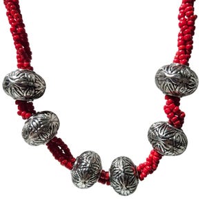 Vintage Red Glass Bead Chunky Necklace Silver Tone Filigree Beads Fashion Women