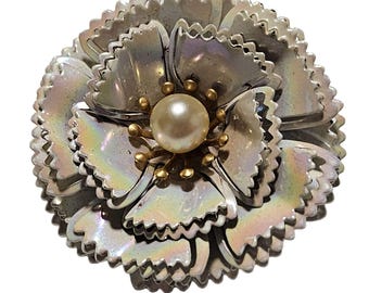Vintage Iridescent Flower Brooch Faux Pearl Center Retro 50s 60s Fashion Jewelry