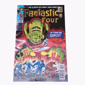 May include: A vintage comic book cover for Fantastic Four #49. The cover features a large green-yellow character with the text "IF THIS BE DOOMSDAY!" and the Fantastic Four team in blue. The comic is from Marvel Comics.