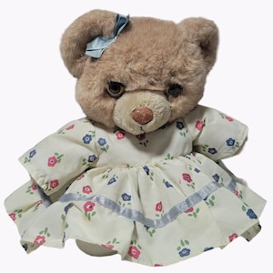 Vintage 80s Applause Mama Bear 12 inch Plush Plastic Open Shut Eyes Dress Bow