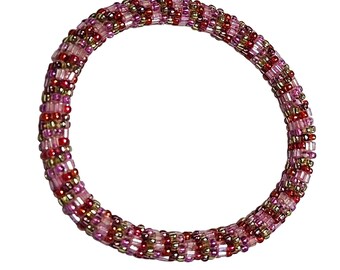 Handmade Seed Beaded Bracelet Pink Red Glass Beads Stretch Retro Fashion Jewelry