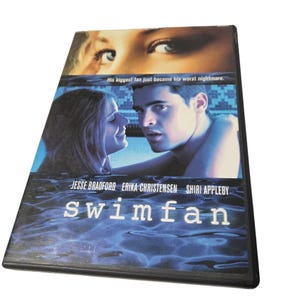 May include: A DVD case for the movie "Swimfan" featuring a blue and white cover with images of actors and the film's title. The tagline reads "His biggest fan just became his worst nightmare."