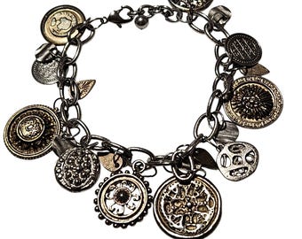 Vintage Mixed Metal Coin Charm Bracelet Statement Art Deco Fashion Jewelry Women