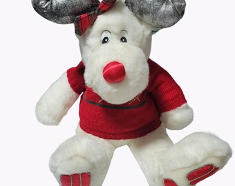 Reno de peluche navideño vintage de los años 90 con nariz roja, 60 cm, suéter rojo, juguete navideño
