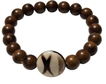 Boho Handcrafted Wood Beaded Stretch Bracelet White Accent Fashion Jewelry Women