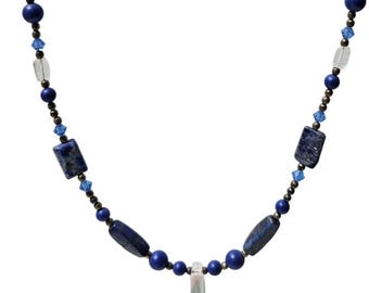 Collar con colgante de cuentas estilo lapislázuli con cierre de palanca, color bronce azul, estilo retro para mujer.