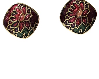 Vintage Floral Cloisonné Post Earrings Gold Tone Enamel Retro Boho Fashion Women
