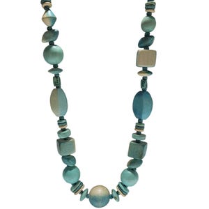 Boho Handmade Wooden Beaded Necklace Blue Natural Wood Tone Fashion Jewelry