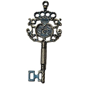 Vintage Ornate Brass Skeleton Key Pendant Crown Heart Design Blue Accents