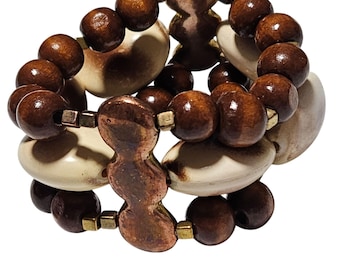 Pulsera elástica de cuentas de madera hecha a mano con cuentas de madera color crema, joyería de moda para mujer