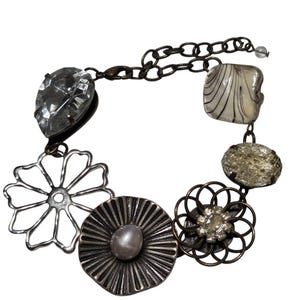 Vintage Mixed Media Bracelet Art Glass Rhinestone Faux Pearl Antiqued Metal