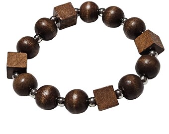 Bracelet fait main en perles de bois et cubes, style bohème rustique, extensible, bijou tendance