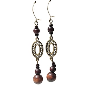 Vintage Inspired Brass Wood Bead Dangle Earrings Intricate Oval Design Jewelry