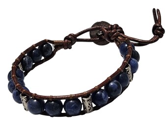 Bracciale regolabile in pelle con perline di sodalite fatte a mano, gioielli alla moda Boho da donna