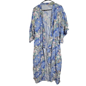 Vintage Japanese Floral Cotton Kimono Robe Blue Pink Tie Belt Made In Japan