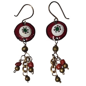 Vintage Boho Red Gold Enamel Beaded Drop Earrings Four Leaf Clover Jewelry Women