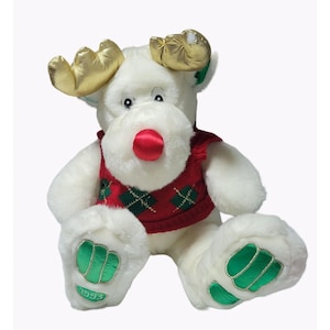 Vintage 90er Weihnachten Rentier mit roter Nase 25 in Plüsch Rauten Pullover Urlaubs Spielzeug