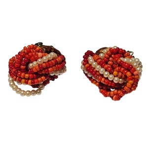 Vintage Clip On Perlen Ohrringe Rot Orange Faux Perlen Cluster Retro Schmuck