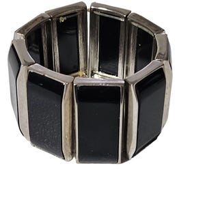 Vintage Black Onyx Silver Tone Chunky Panel Stretch Bracelet Fashion Jewelry