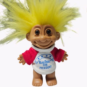Vintage 90s Russ Troll for President Doll 5 inch Yellow Hair Brown Eyes T-Shirt
