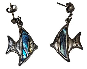 Vintage Abalone Fish Silver Tone Drop Dangle Earrings Beach Core Summer Vacation