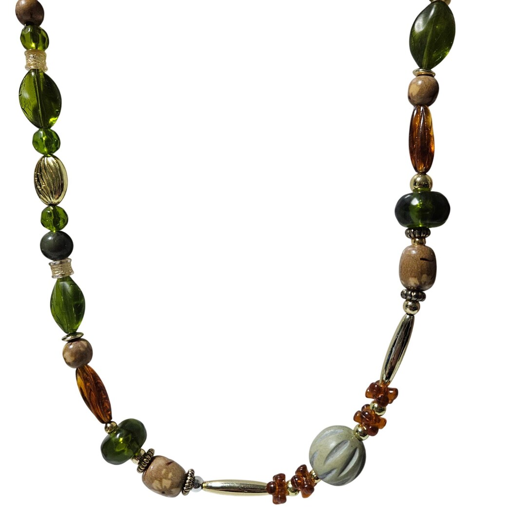 Collier Ancien Vintage - Perles Plastique Imitation Ambre Vert - Longueur 46 Cm - Occasion