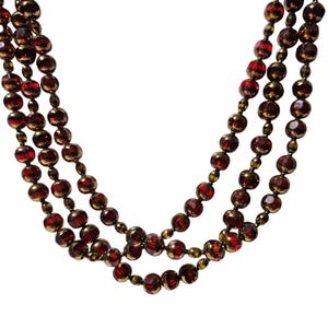 Vintage Triple Strand Red Gold Beaded Necklace Geometric Clasp Retro Fashion