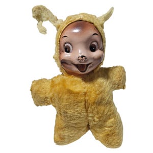 Vintage 50s 60s Hard Plastic Face Bear Rabbit 8 inch Plush Stuffed Animal Toy