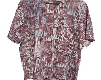 Vintage Scrub Top Womens Size 2X Red White Tribal Geometric Print Relaxed Fit