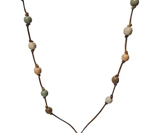 Handmade Leather Beaded Necklace Brown Tan Wooden Beads Boho Earthy Jewelry