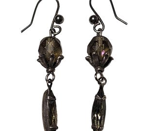 Boucles d'oreilles pendantes vintage en quartz fumé, ton argent, bijoux rétro pour femmes
