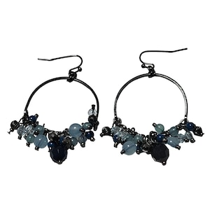 Elegant Handcrafted Beaded Hoop Earrings Blue Black Glass Accents Jewelry Women