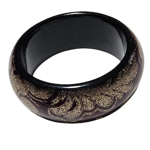 Elegant Vintage Gold Patterned Black Resin Bangle Bracelet Retro Fashion Jewelry