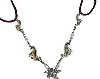 Collar con colgante de hada de latón vintage, cordón burdeos, joyería bohemia de fantasía mágica
