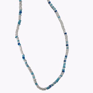Handmade Boho Seed Beaded Necklace Blue White Summer Beach Core Jewelry