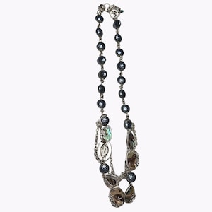 Vintage America Silver Tone Abalone Shell Blue Beaded Statement Necklace Boho