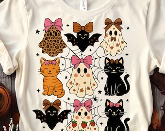 Lindos gatos y murciélagos de Halloween PNG, clipart de gato fantasma, sublimación de camiseta de gato de otoño, fantasma espeluznante kawaii PNG, Halloween vintage