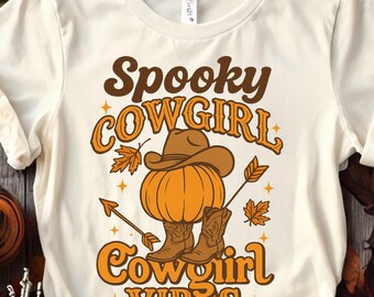 Spooky Cowgirl Vibes PNG, Western Halloween Shirt Design, Pumpkin Cowgirl Boots PNG, Cute Fall Sublimation Graphic for T-Shirts