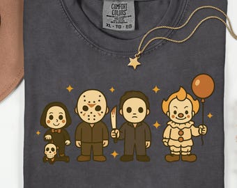 Cute Horror Characters PNG, Creepy Cute Killer Clown Jason Ghost Face Michael Myers Clipart, Scary Halloween T-Shirt Sublimation