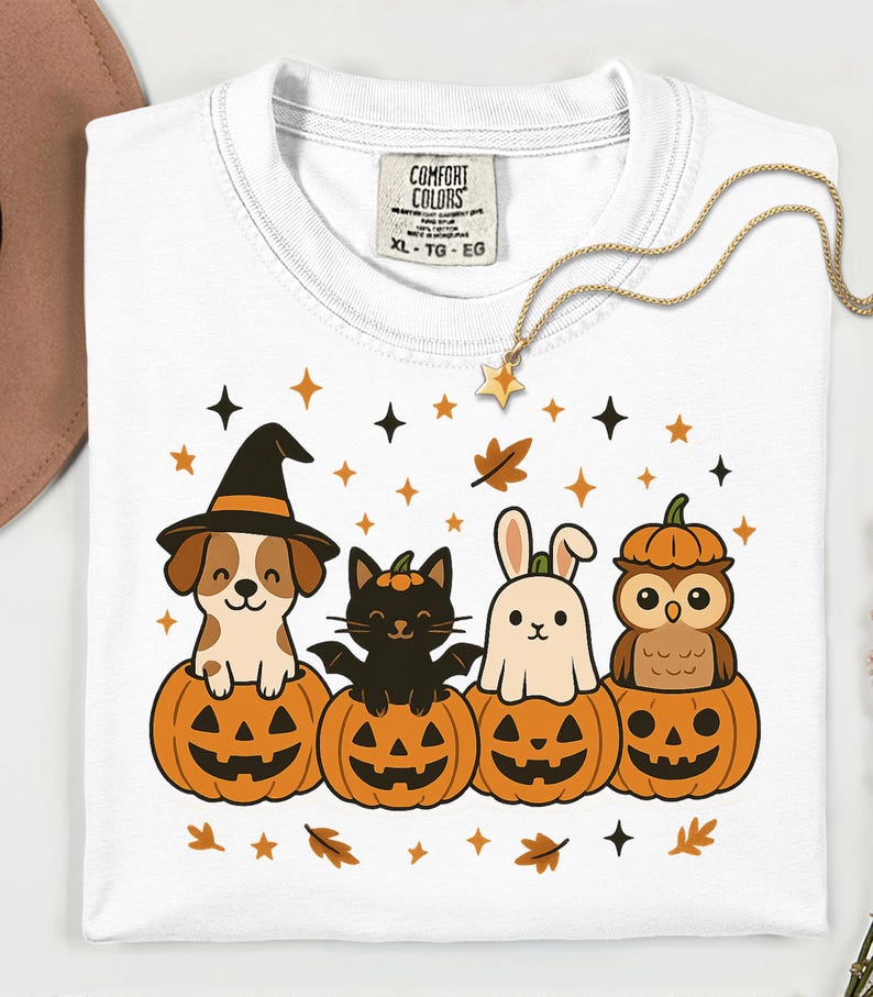Retro Halloween shirt featuring pets in jack-o’-lanterns with stars and autumn leaves
