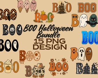 BOO Halloween PNG Bundle, 15 Fall Ghost Pumpkin Designs for Shirts, Retro Spooky Clipart, Cute Halloween PNGs for Sublimation